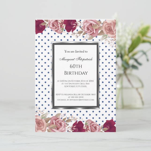 Invitation Pois Roses Roses Roses Roses Rose Anniversaire Bla (Debout devant)