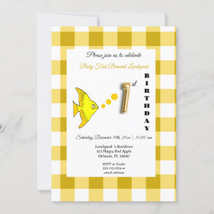 Invitation Poisson Jaune & En vichy Ballons Or 1er Anniversai