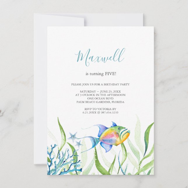 Invitation Poisson tropical 5e anniversaire aquarelle (Devant)
