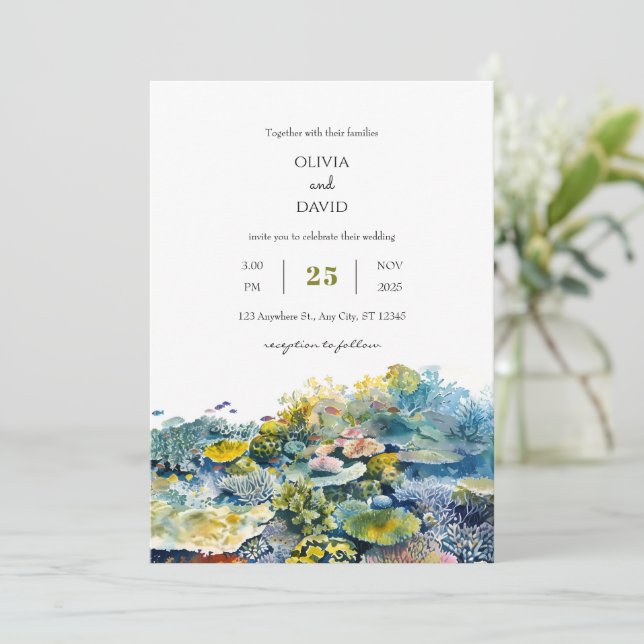 Invitation Poisson Tropical Vibrant Coral Reef Beach Mariage (Debout devant)