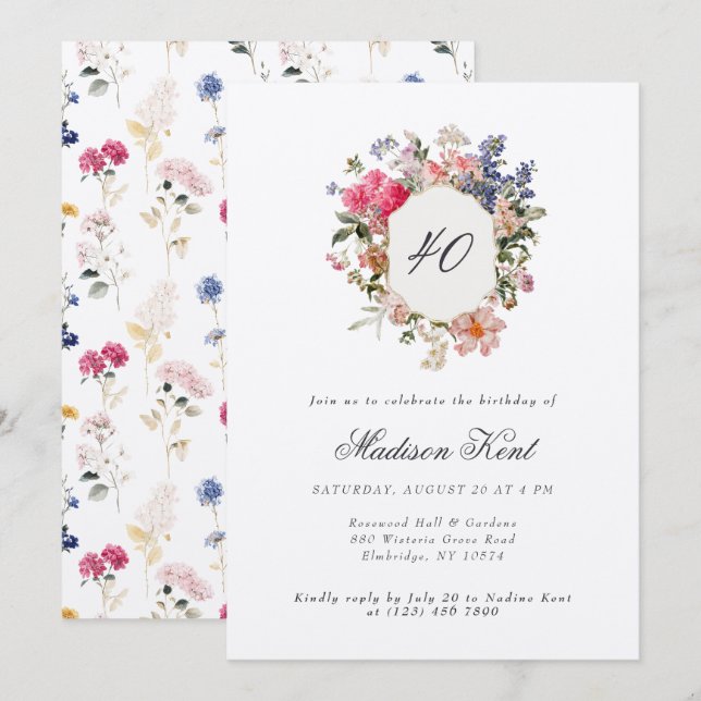 Invitation Poitrine florale peinte fête du 40e anniversaire (Devant / Derrière)