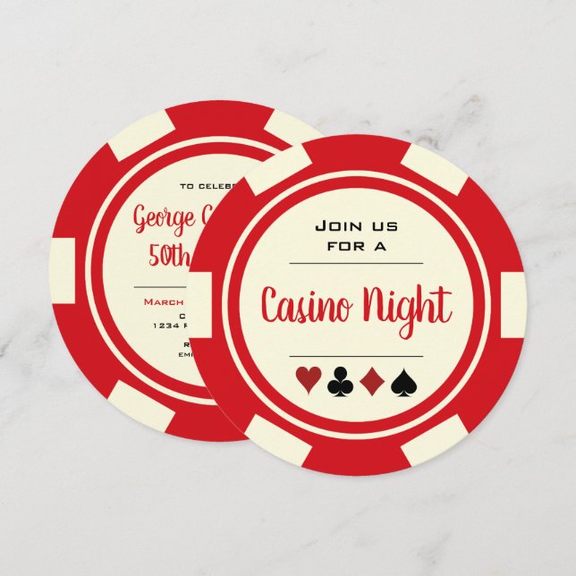 Invitation Poker Chip Red Hors White Casino Nuit Anniversaire (Devant / Derrière)