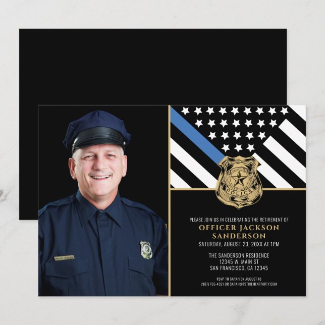 Invitation Police Ligne Bleue Mince Drapeau Photo Retrait (Devant / Derrière)