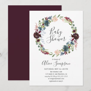 Invitation Police manuscrite baby shower Bourgogne et bleu