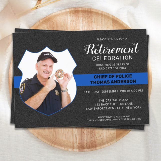 Invitation Police Retraite Party Faux Photo en cuir (Créateur téléchargé)