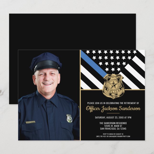 Invitation Police Retraite Party Mince ligne bleue (Devant / Derrière)