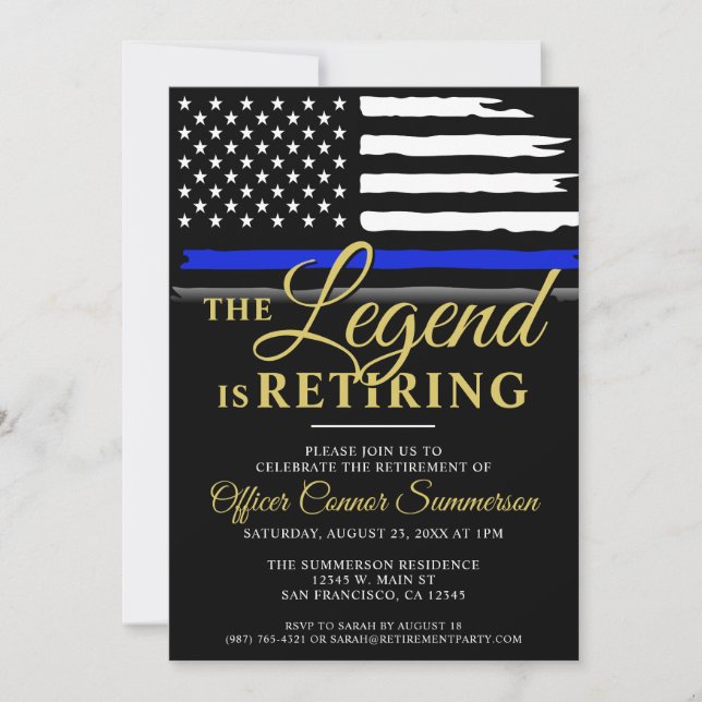 Invitation Police Retraite Party Mince Ligne Bleue Officier d (Devant)