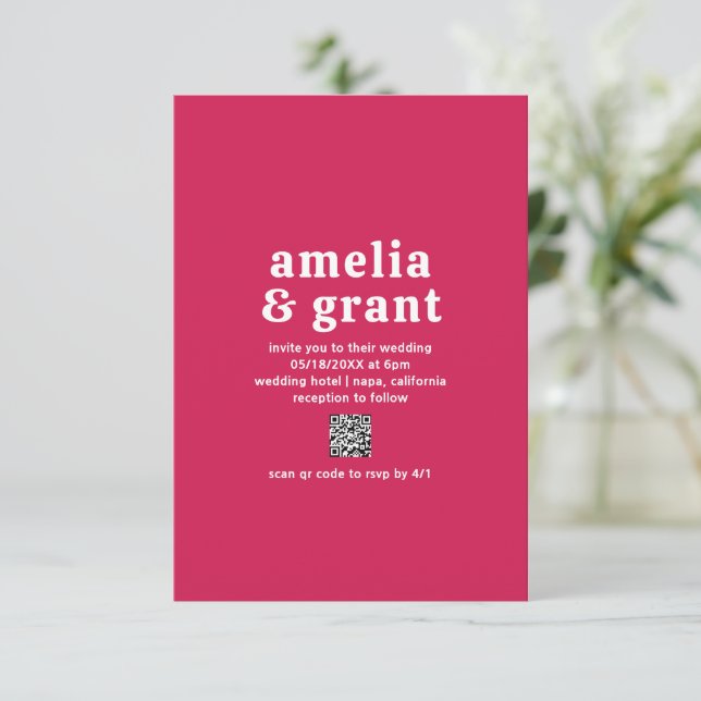 Invitation Police rétro Hot rose QR Code moderne Mariage (Debout devant)