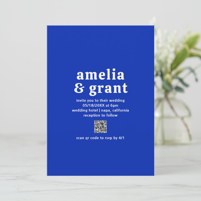 Invitation Police Rétro Royal Blue QR Code Moderne Mariage (Debout devant)
