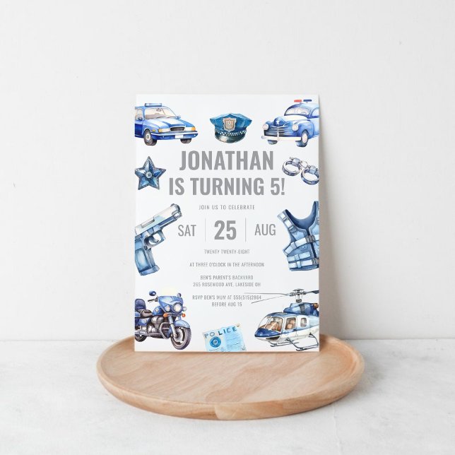 Invitation Policier garçons à thème 5e fête d'anniversaire (Police Officer Themed Boys 5th Birthday Party Invitation)