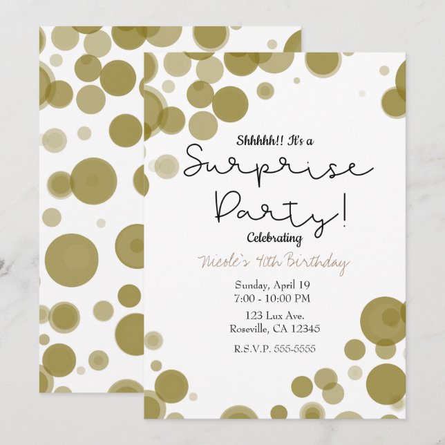 Invitation Polka blanc or moderne bulles de point Surprise Pa (Devant / Derrière)