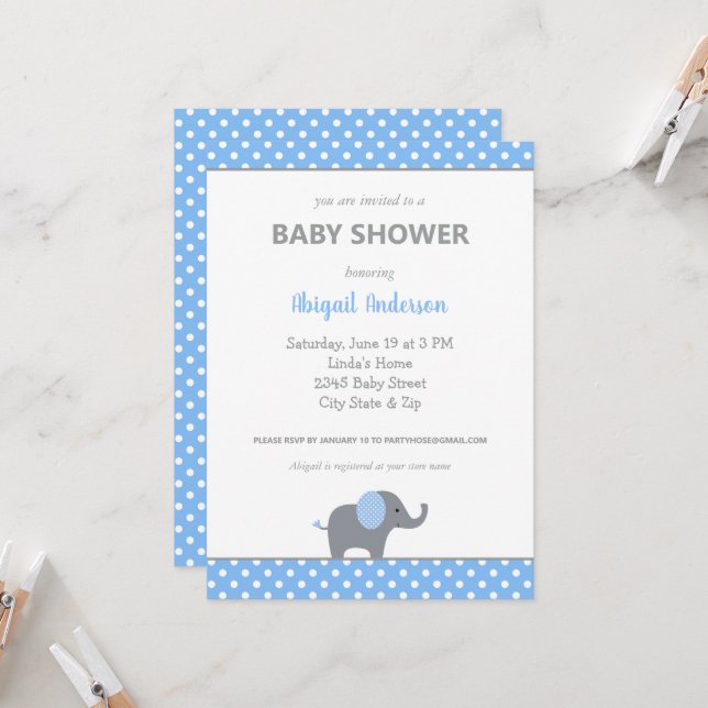 Invitation Polka Dot Baby shower Inv bleu et blanc Elephant (Devant/Arrière en situation)