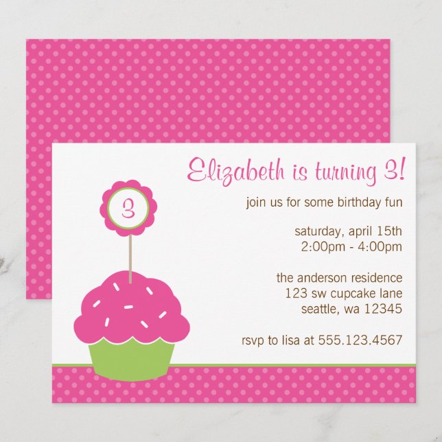 Invitation Polka Dot, fête d'anniversaire du Cupcake rose et  (Devant / Derrière)
