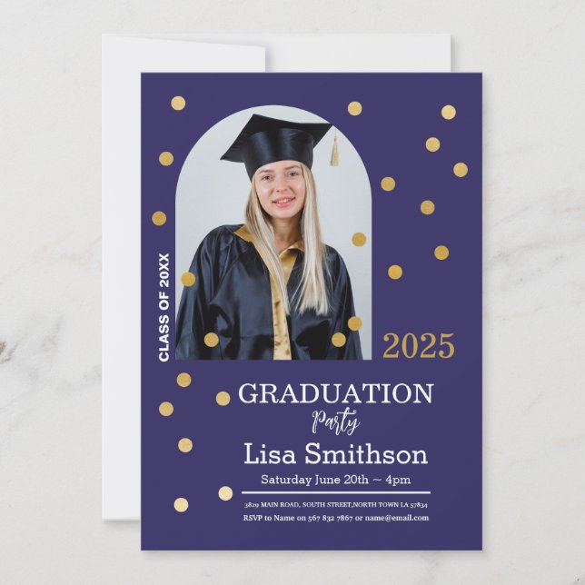 Invitation Polka Dot Graduation Confetti Marine Gold Photo (Devant)