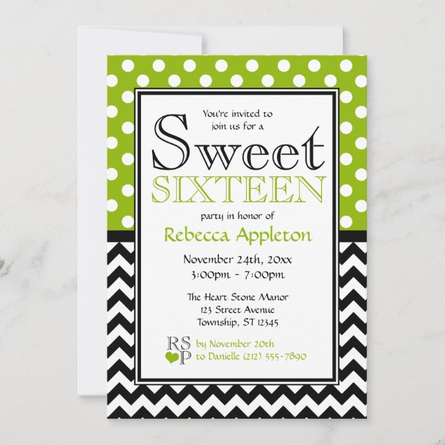 Invitation Polka Dot Pomme Vert Chevron Sweet sixteen (Devant)