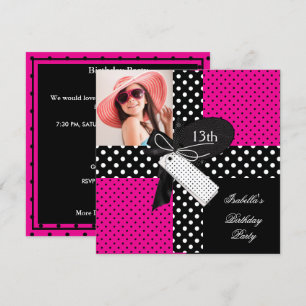 Invitation Polka Dot rose vif noir blanc 13e anniversaire
