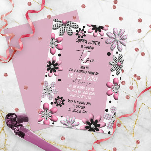 Invitation Polka florale mignonne rose noir 2e anniversaire