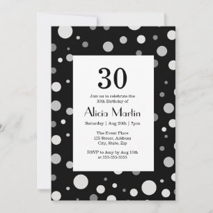 Invitation Polka gris argenté Platine Pointe Noir 30 Annivers