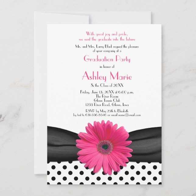 Invitation Polka noir et blanc point rose marguerite (Devant)