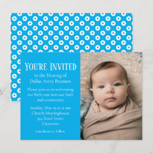 Invitation Polka-point bleu et blanc Photo Bébé Bénédiction