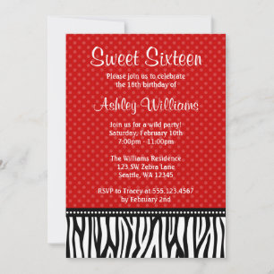 Invitation Polka Polka Dot Sweet rouge et noir Zebra 16