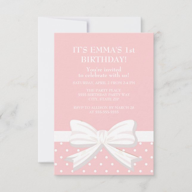 Invitation Polka rose blanc point petite fille premier annive (Devant)
