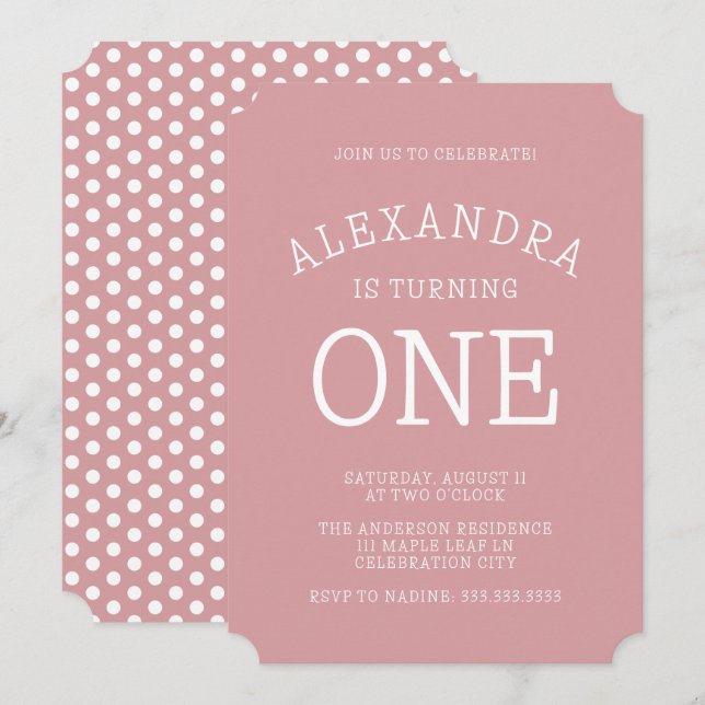 Invitation Polka rose moderne minima point premier anniversai (Devant / Derrière)