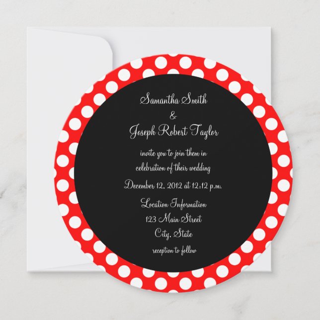 Invitation Polka rouge et blanc Mariage Cercle noir (Devant)