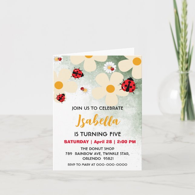 Invitation Polka rouge mignon point Ladybug Daisy Flower Anni (Devant)