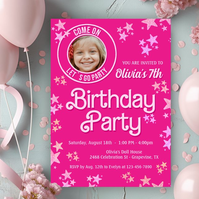Invitation Poll rose Photo Anniversaire (Cute pink doll photo any number birthday party invitation. Simply add your photo and details.)