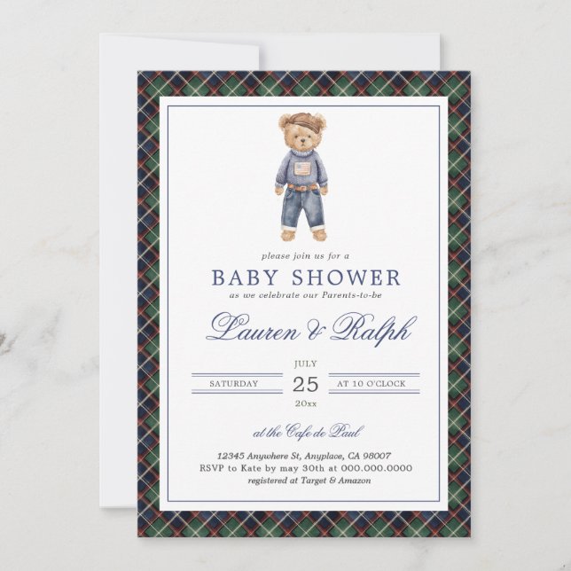 Invitation Polo Bear Boy Classic Preppy Baby Shower (Devant)