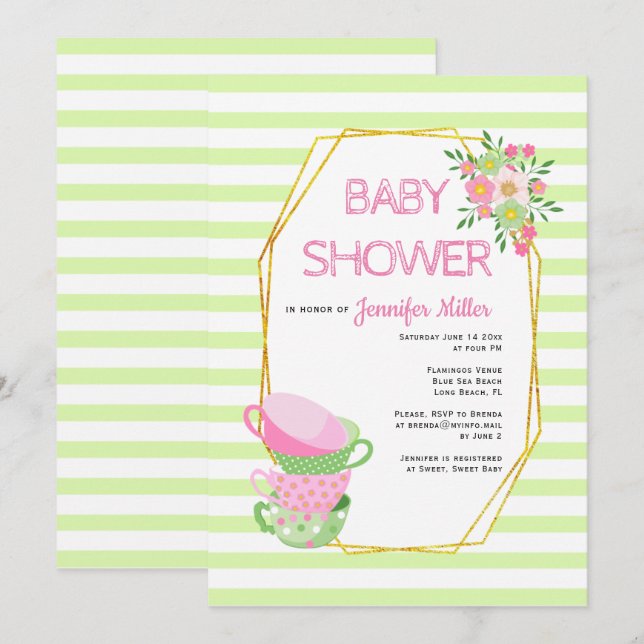 Invitation Polygon or et baby shower fleuri de fête du thé (Devant / Derrière)