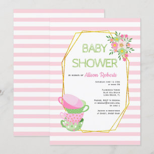 Invitation Polygone d'or, baby shower fleuri à thé rose