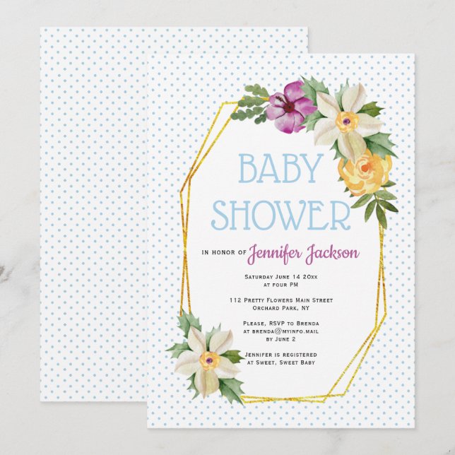 Invitation Polygone d'or, pois de fleurs baby shower floral (Devant / Derrière)