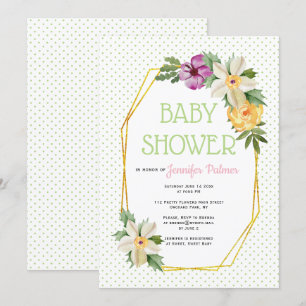 Invitation Polygone d'or, pois de fleurs baby shower floral