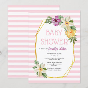 Invitation Polygone or et baby shower fleuri