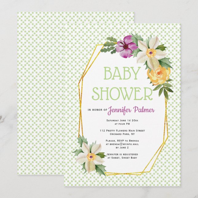 Invitation Polygone or et fleurs baby shower vert fleuri (Devant / Derrière)