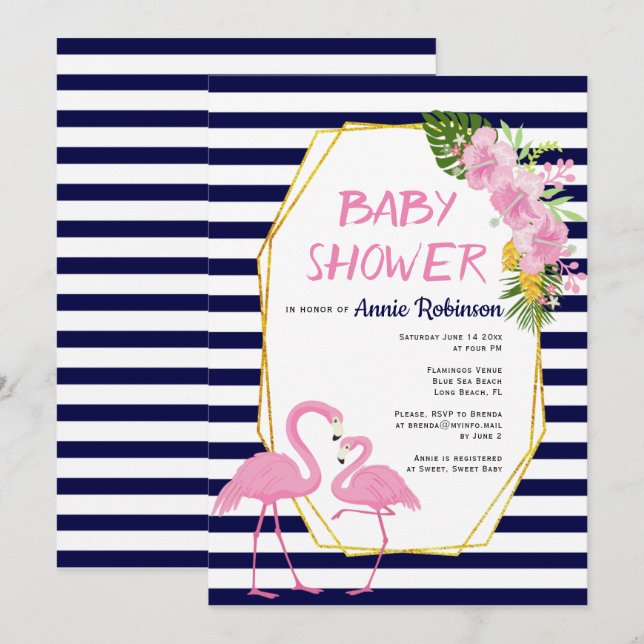 Invitation Polygone or, flamants roses baby shower bleu marin (Devant / Derrière)