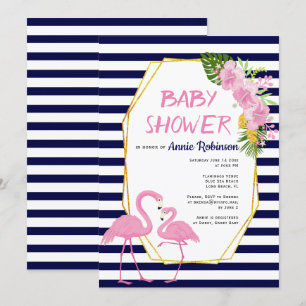 Invitation Polygone or, flamants roses baby shower bleu marin