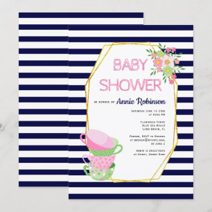 Invitation Polygone or, teacups bleu marine baby shower flora