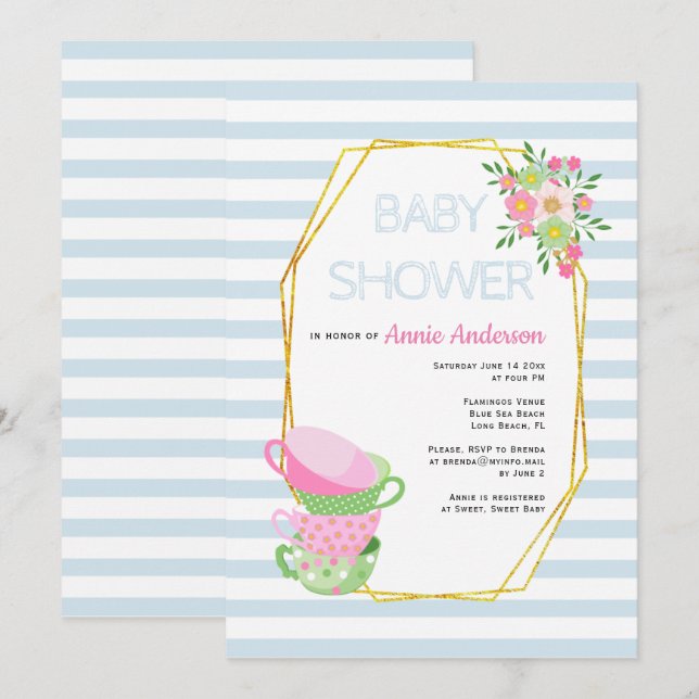Invitation Polygone or, teups baby shower floral bleu pâle (Devant / Derrière)