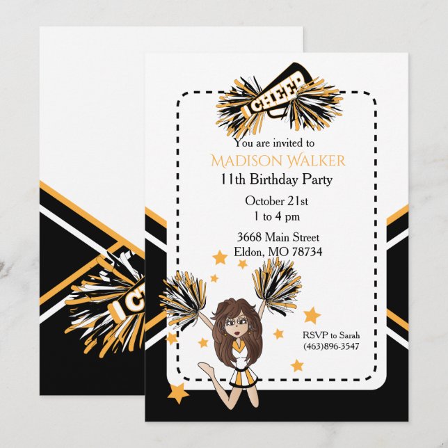 Invitation Pom-pom girl fête d'anniversaire en blanc, noir et (Devant / Derrière)