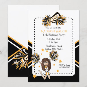 Invitation Pom-pom girl fête d'anniversaire en blanc, noir et