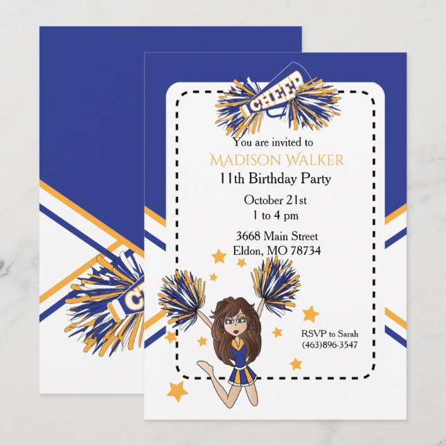 Invitation Pom-pom girl fête d'anniversaire en bleu et or (Devant / Derrière)