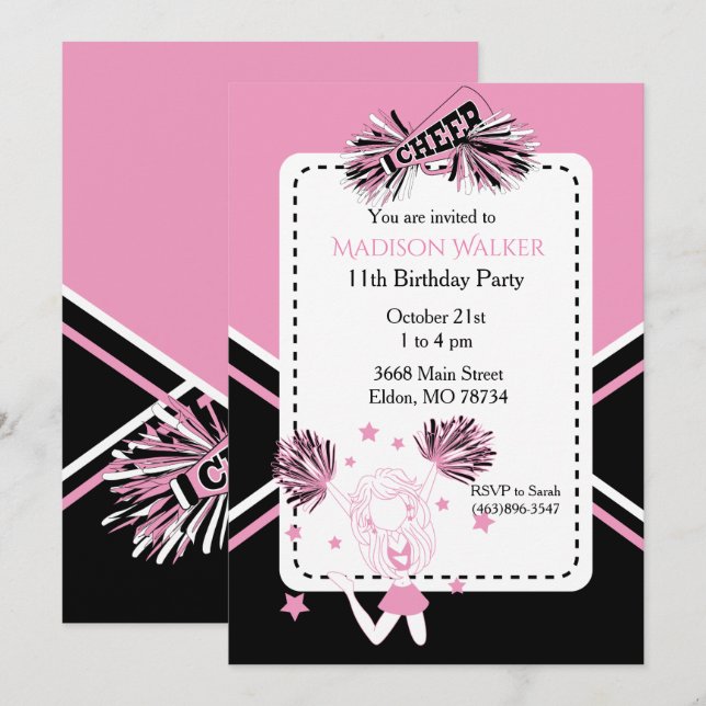 Invitation Pom-pom girl fête d'anniversaire en rose, noir et  (Devant / Derrière)