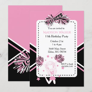 Invitation Pom-pom girl fête d'anniversaire en rose, noir et 