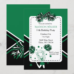 Invitation Pom-pom girl fête d'anniversaire en vert
