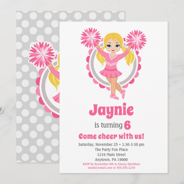 Invitation Pom-pom girl rose - Blonde Girls Cheer Anniversair (Devant / Derrière)