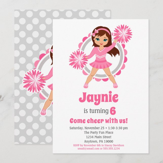 Invitation Pom-pom girl rose - Brunette Girls Cheer Anniversa (Devant / Derrière)