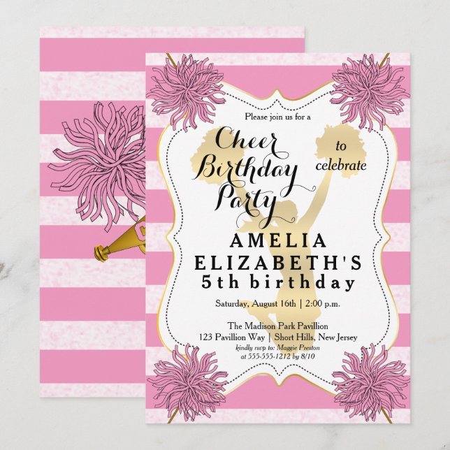 Invitation Pom-pom girl rose | Gold Girl Birthday Party (Devant / Derrière)
